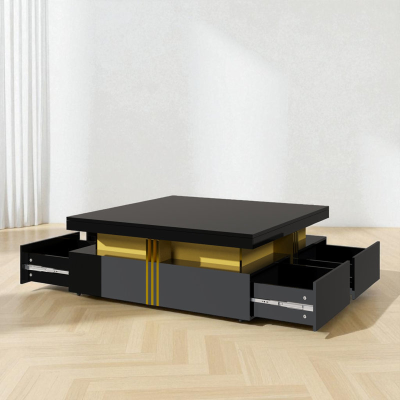 Modern Square Storage Coffee Table with 4 Drawers Contemporary Storage Table Cocktail Table Living Room Table, Black
