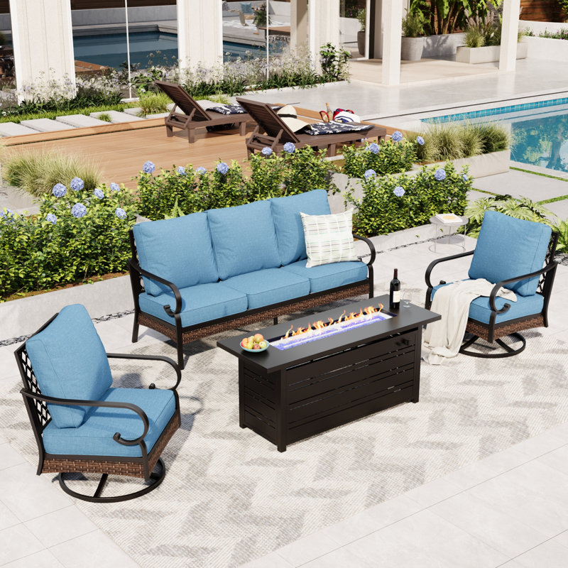 5 Person Outdoor Conversation Set With Swivel Lounge Chairs & Fire Pit Table, Black/Denim Blue/Black
