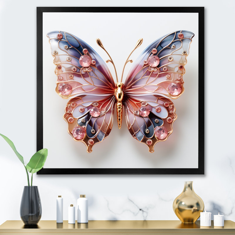 «Blue and Pink Crystal Butterfly II», art mural papillon, Cadre simple noir, H 36 po x l 36 po x P 1,5 po