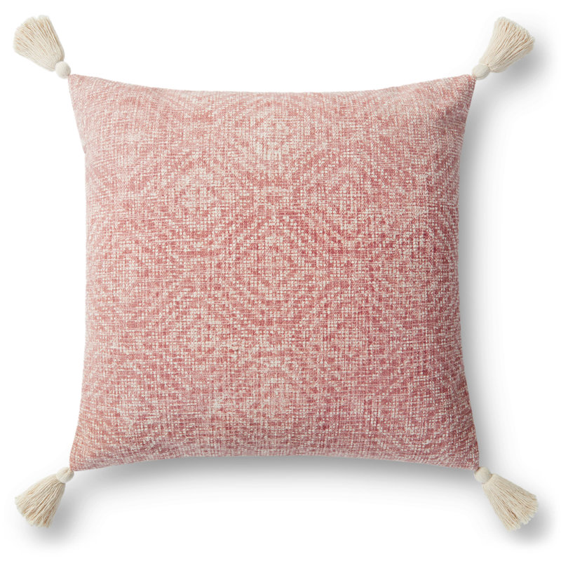 Tassels Cotton Throw Pillow, Pink, Down