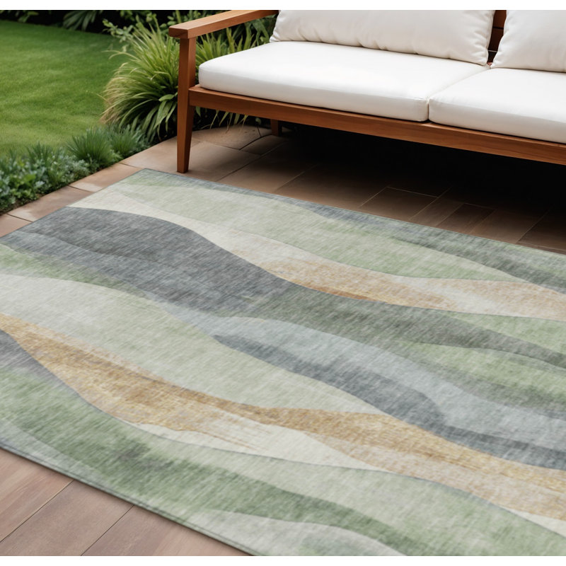Tapis extérieur lavable abstrait vert et gris artichaut 9 pi x 12 pi
