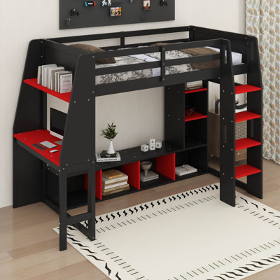 Twin Gaming Loft Bed With Desk And LED Lights, Open Wardrobe And Multi-Storage Shelves