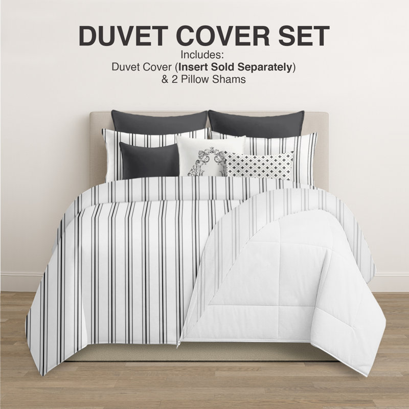 August Stripe Reversible Cotton Duvet Cover Set, Cal.King Duvet Cover + 2 King Shams, Ebony