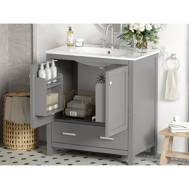Meuble-lavabo de 30 po gris. Lavabo simple avec mécanisme de fermeture en douceur. Armoire de rangement à 2 portes et 1 tiroir. Armoire en bois massif gris, évier, efficacité de travail