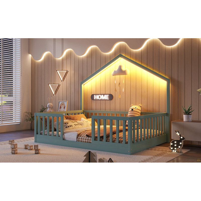 Lit double surélevé avec rails hauts, lit Montessori en bois avec lumière, Lit double, Gris