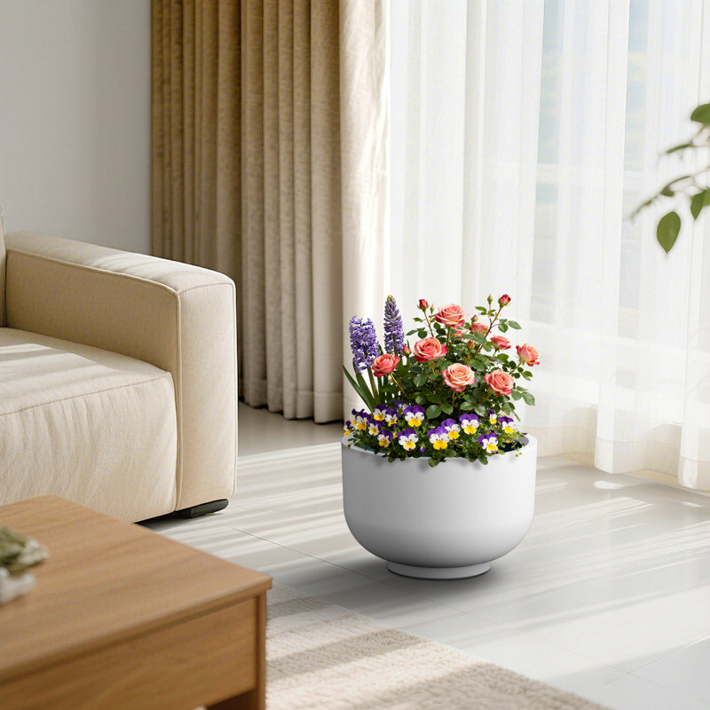 17.5"W x 11.5" H Large Bright White Concrete Planter / Pot Lightweight Planter Bowl with Drainage Holes, Pearl White