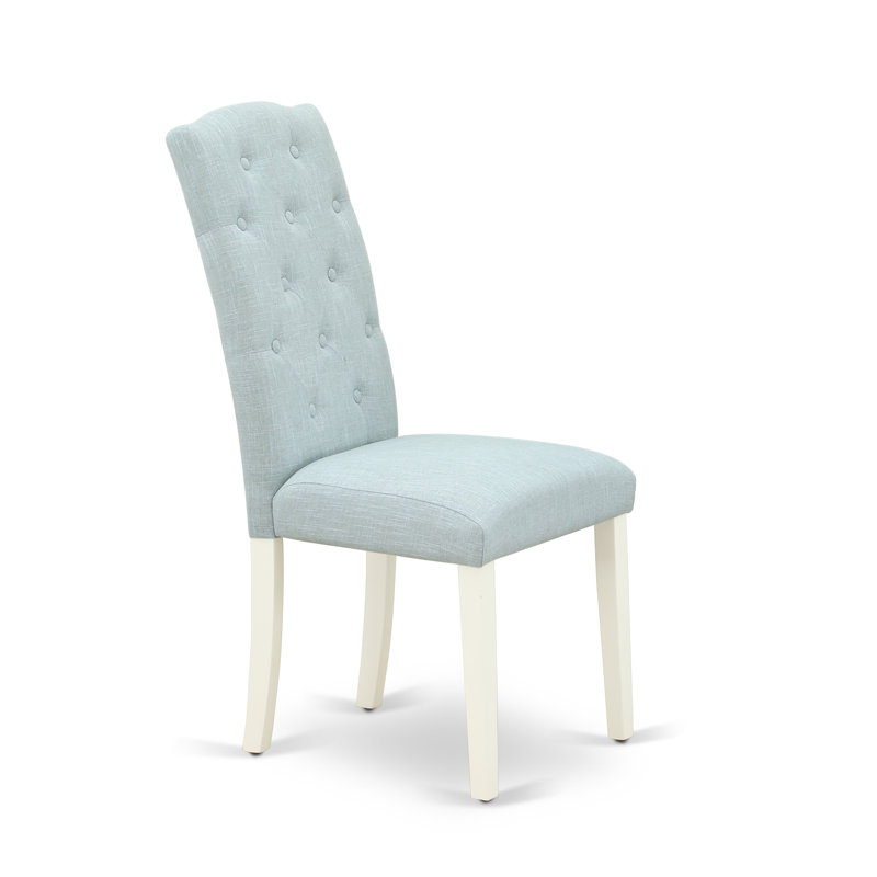 3 Piece Dining Table Set Contains a Round Dining Room Table with Dropleaf & Shelves and 2 Baby Blue Linen Fabric Parsons Chairs, Linen White