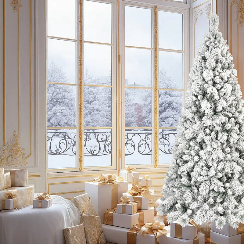 Arbre de Noël 7,5 pi floqué avec 1252 pointes de branches en PVC enneigées, structure articulée pour une installation facile, support en métal stable pour arbre de Noël réaliste