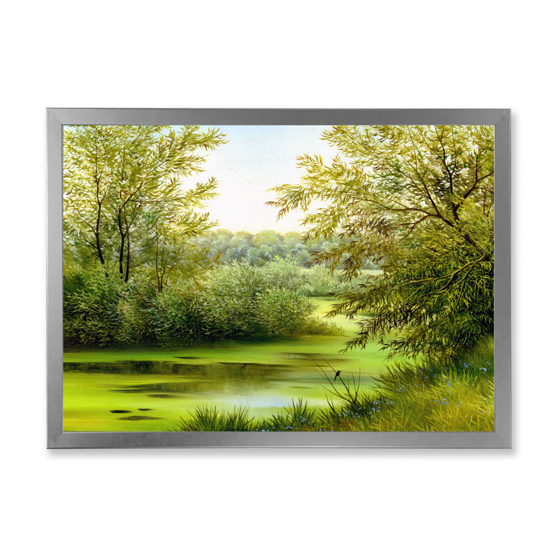 Étang vert avec arbres printaniers - Peinture sur toile, H 30 po x l 40 po x 1,5 po, Cadre photo argenté