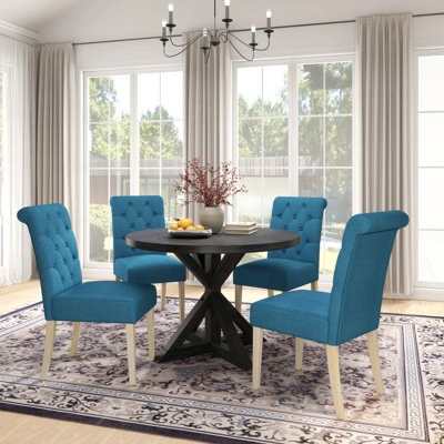 5-Piece Dining Set, Cross-Buck Round Table With 4 Tufted Chairs