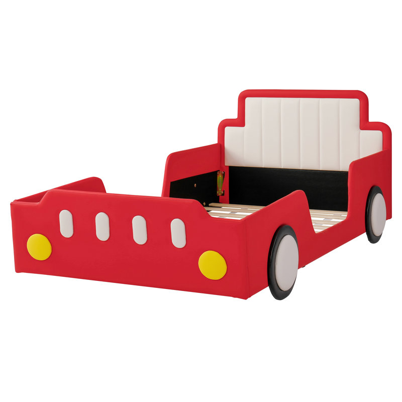 Lit plateforme simple en forme de voiture de course avec roues, rouge, Rouge