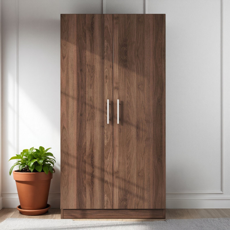 Garde-robe en bois texturé brun à double porte avec trois supports de rangement classés