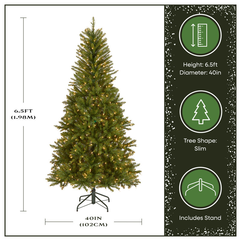 Dunhill Slim 6.5' Green Fir Artificial Christmas Tree with 350 Clear Lights with Stand, 6.5', Clear/White