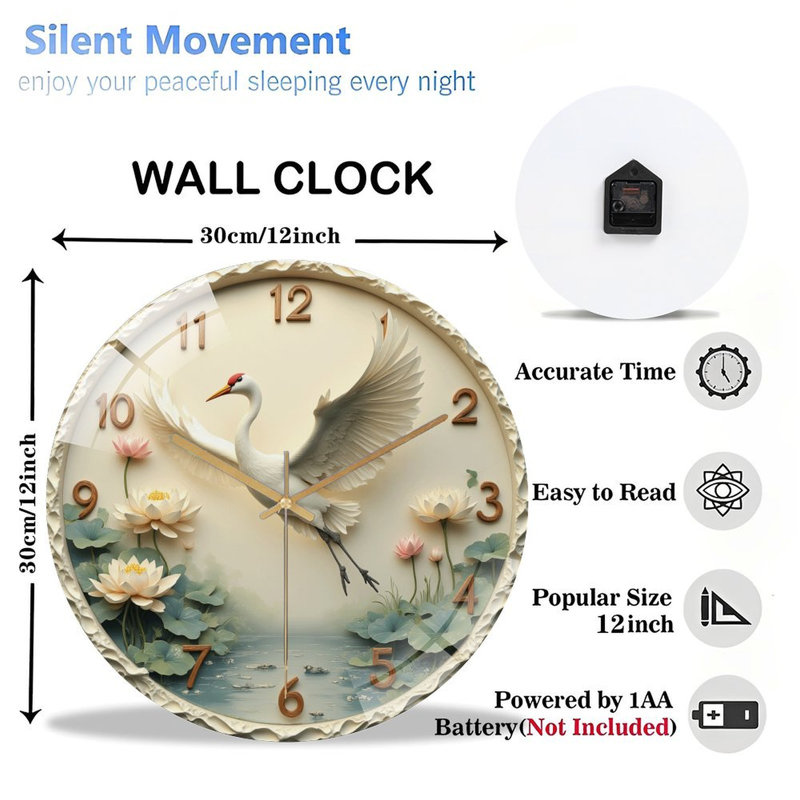 Horloge murale silencieuse en verre trempé de 30 cm, « Horloge Grue Élégante », sans tic-tac, fonctionne avec des piles AA (non incluses), décoration artistique pour la maison