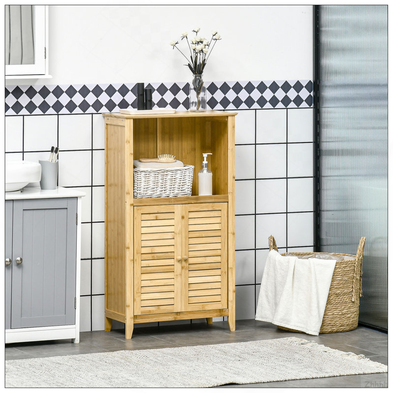 Armoire de plancher de salle de bain en bambou avec plusieurs tablettes et portes HOMcom