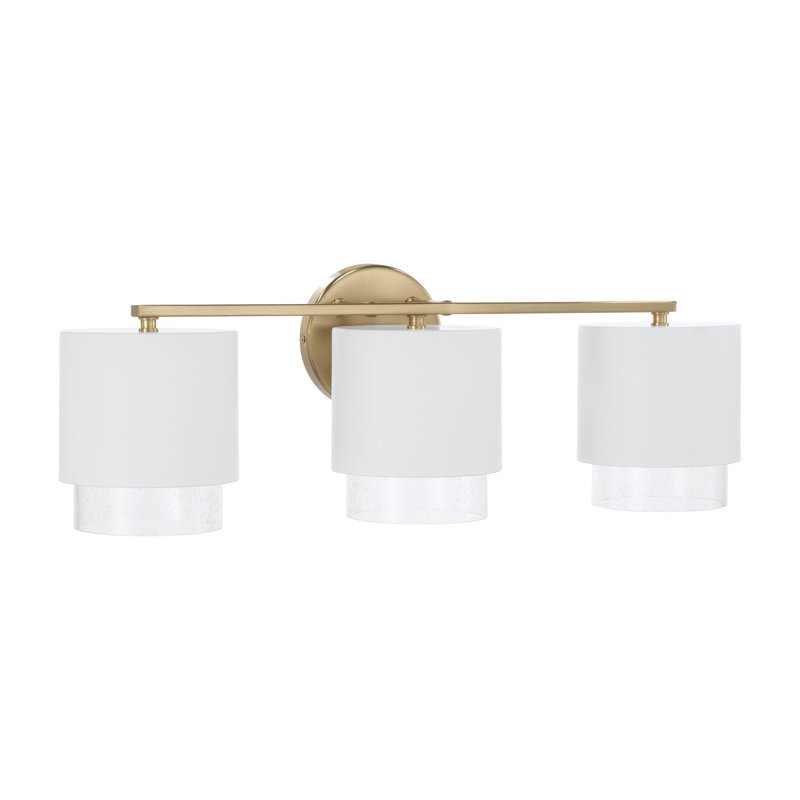 24.25"W x 8.25"H 3-Light Cylindrical Metal Vanity and Seeded Glass, Matte Brass/White