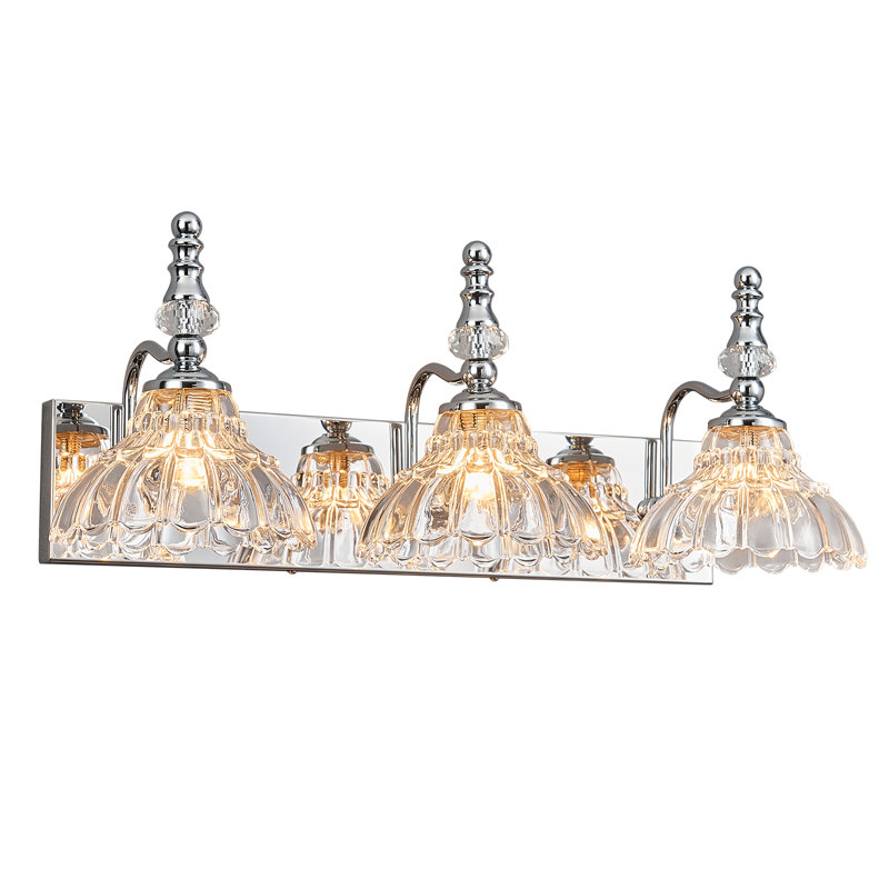 3-Light Vintage Chrome Vanity Light, Flower Glass Shade Bathroom Over Mirror Lighting Fixture, Chrome, 3 Lights