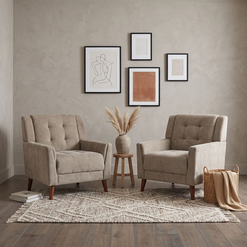 Fauteuils capitonnés en bois de style moderne du milieu du siècle avec pieds fuselés en bois massif, Brun pâle