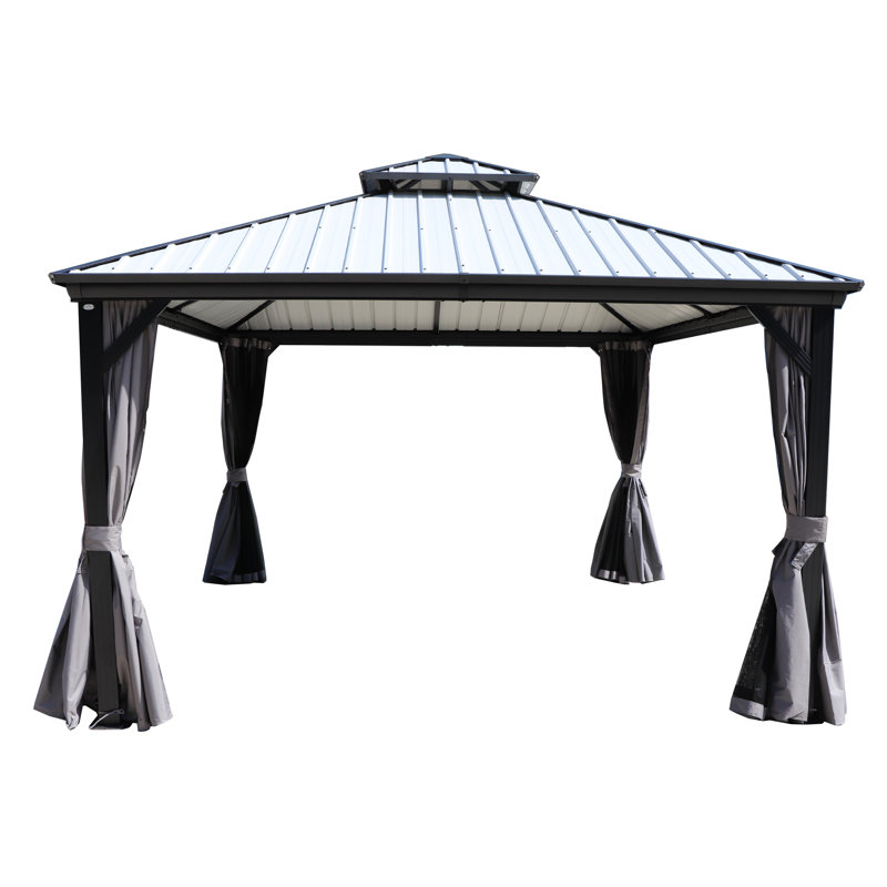 Kozyard Caesar Gray Double Roof Hardtop Gazebo with Privacy Curtain and Mosquito Netting, White, Gray, 144" x 144"