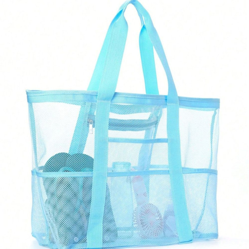 1Pcs Large Mesh Beach Tote Bags for Sand Toys, Family Travel, Grocery, Reusable Shopping, Blue