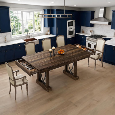 63" Rectangular Wooden Kitchen Table with Dual Storage Drawers