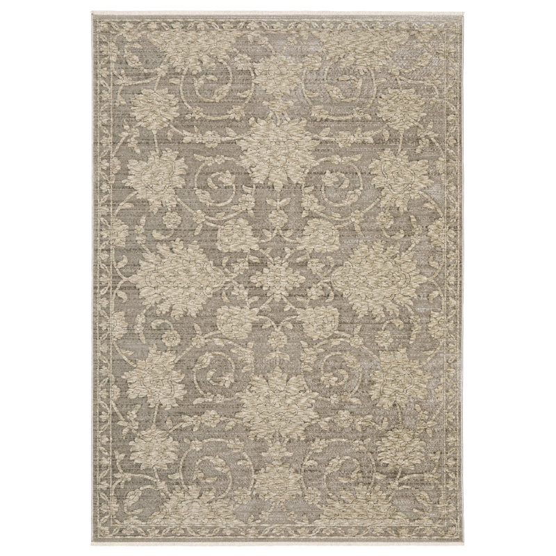 Elizzabeth Updated Traditional Floral Grey/ Beige Area Rug, Rectangle 6'7" x 9'9"