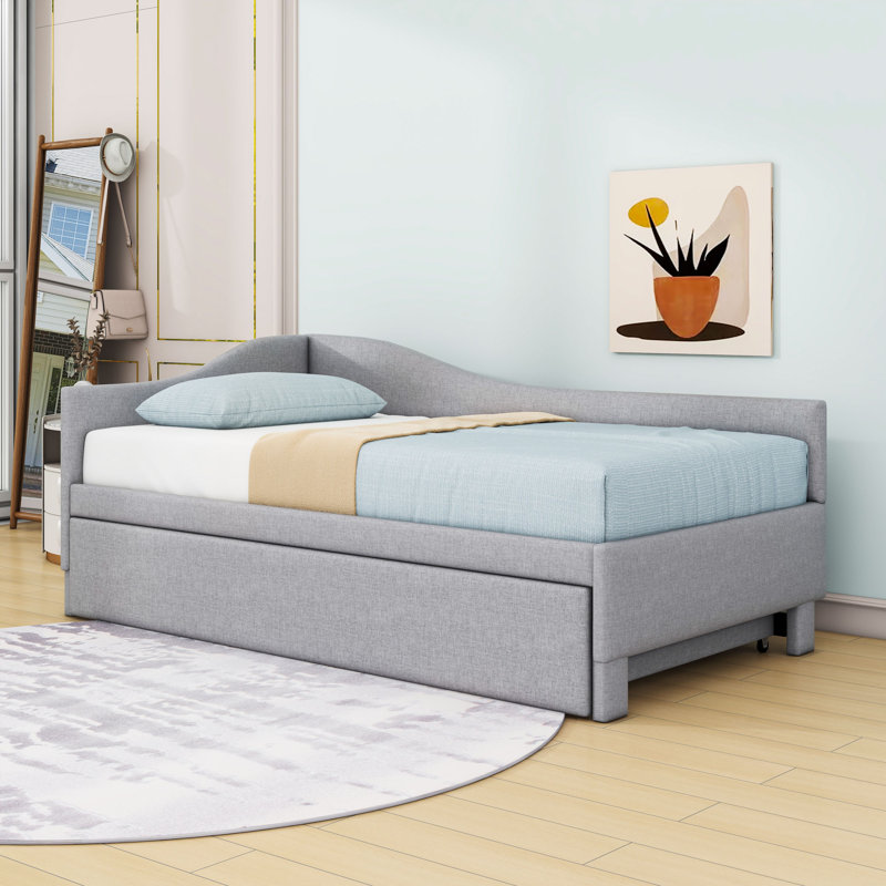 Twin L-Shaped Upholstered Daybed with Pop Up Trundle, Gray
