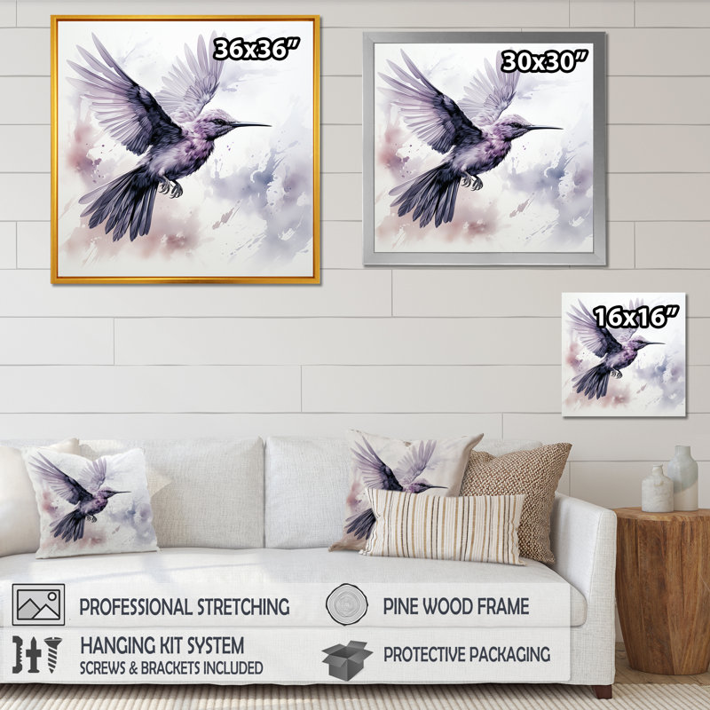Colibri gris flottant Blooms IV - Colibri, art mural animal, Cadre flottant noir, H 30 po x l 30 po x P 1,5 po