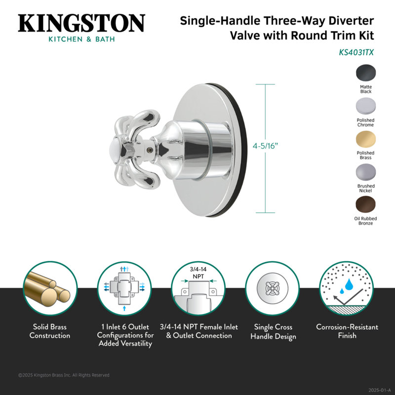 Kingston Brass French Country Single-Handle Wall Mount Six-Way Diverter Valve with Trim Kit, Oil Rubbed Bronze