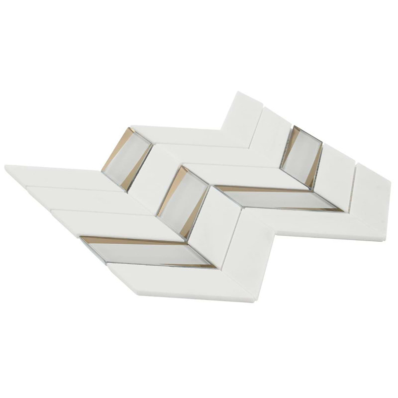 Kasol 11x13 Chevron Polished Marble and Mirrorerd Glass Mosaic Tile, Golden Mirror