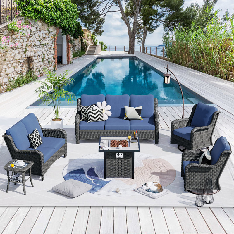 Keijuan 5 - Person Patio Conversation Set with Cushions, Denim Blue, Gray