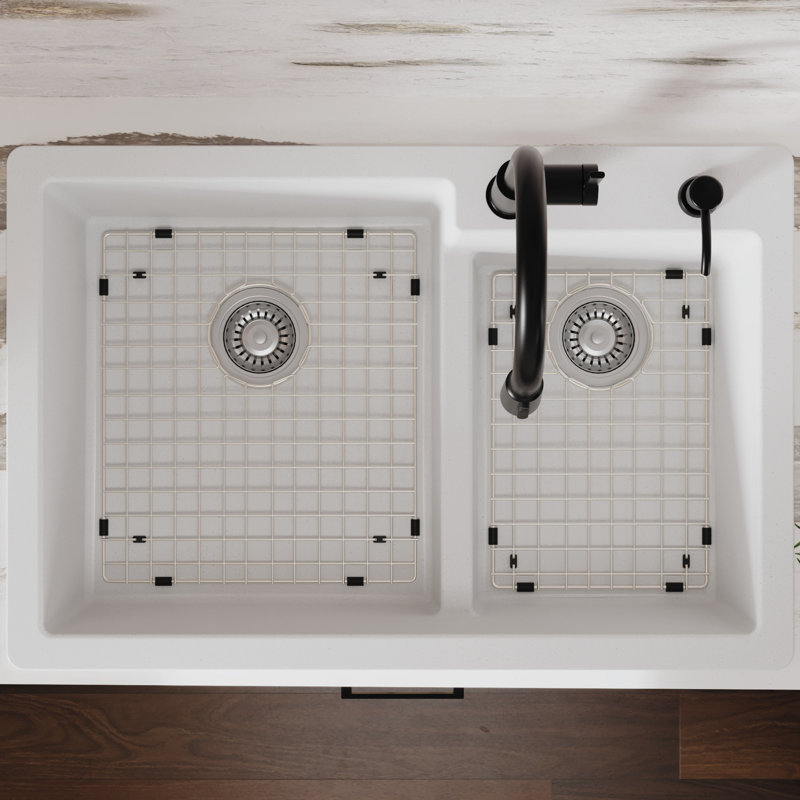 Karran Quartz 33'' X 22'' Double Bowl 60/40 Top Mount Drop-in Kitchen Sink Kit, White