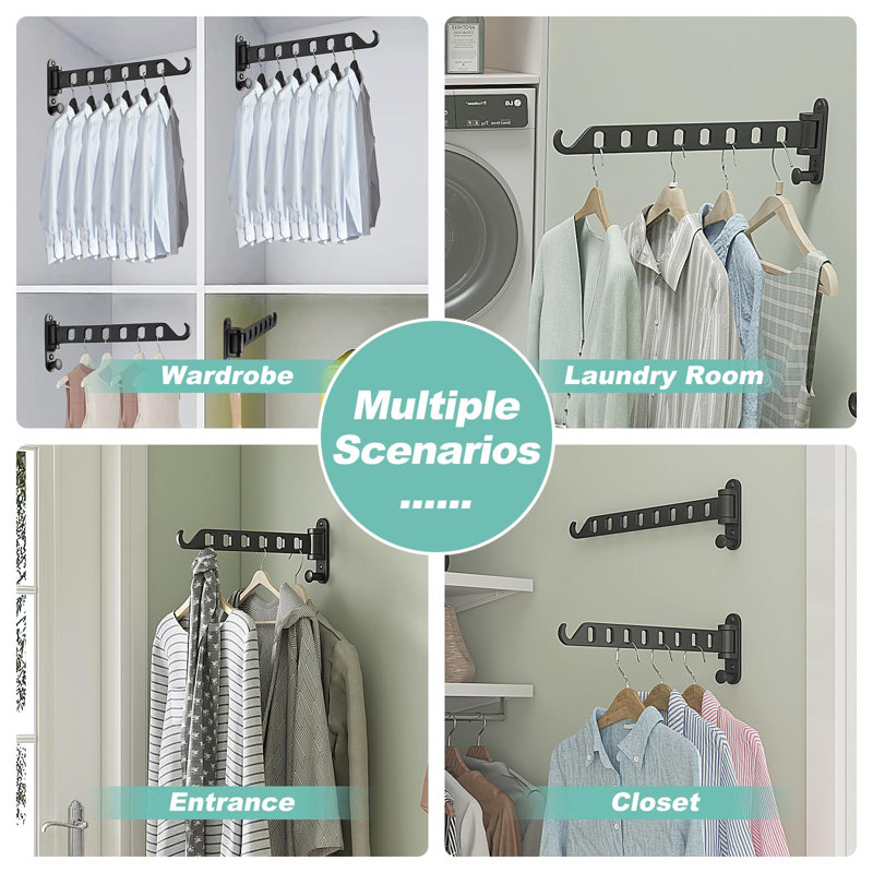 Cintre mural avec bras pivotant - séchoir à linge à 8 trous | Rotation à 180 ° et peu encombrant pour la salle de lavage, le garde-robe | Barre de suspension robuste | Aluminium massif (paquet de 2, noir)
