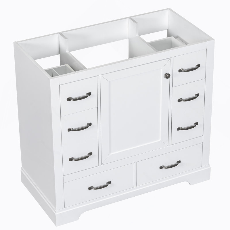 Meuble-lavabo 36 po sans lavabo, base d'armoire seulement, six tiroirs, Blanc