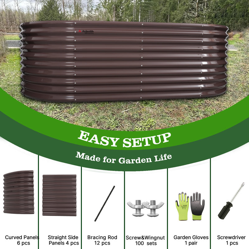 Anleolife 30"-Tall Galvanized Steel Oval Garden Bed 8x4x2.5ft Brown, Brown