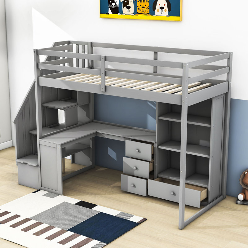 Twin 4 Drawers Wood Loft Bed with Built-in Desk and Shelves, Gray