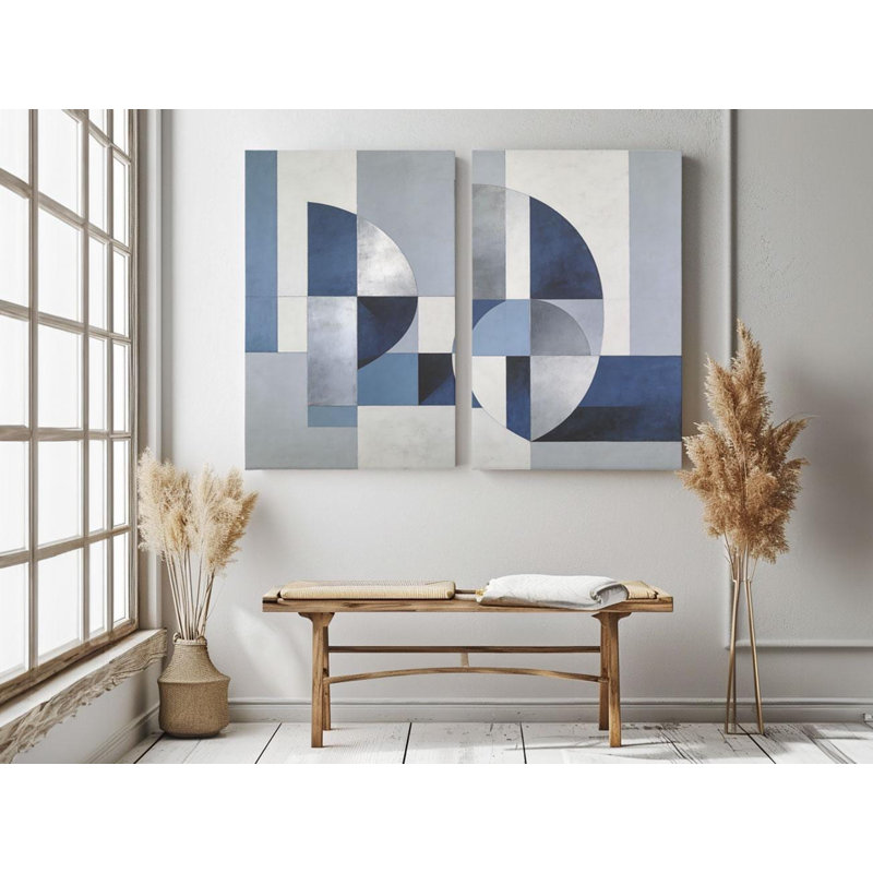 Reproduction d'art moderne géométrique sur toile, ensemble de reproductions sur toile bleu gris - Diptyque abstrait pour le salon
