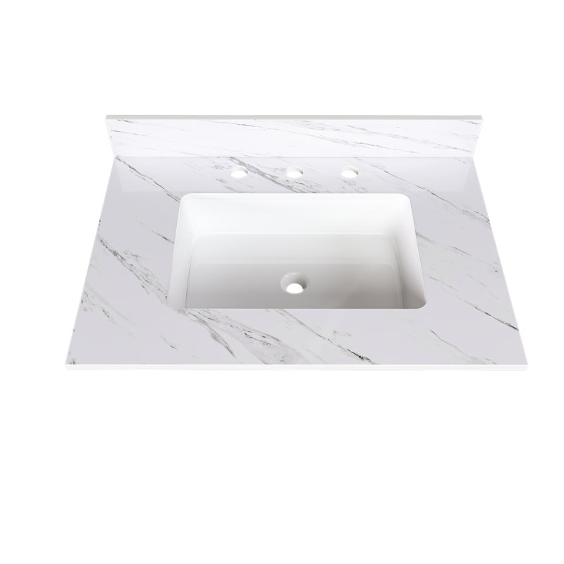 Comptoir de salle de bain 31 pouces à effet marbre blanc avec lavabo encastré rectangulaire, trous de robinet pré-percés et dosseret de 4 po de hauteur - comptoir en pierre frittée Bianco Carrara Venato
