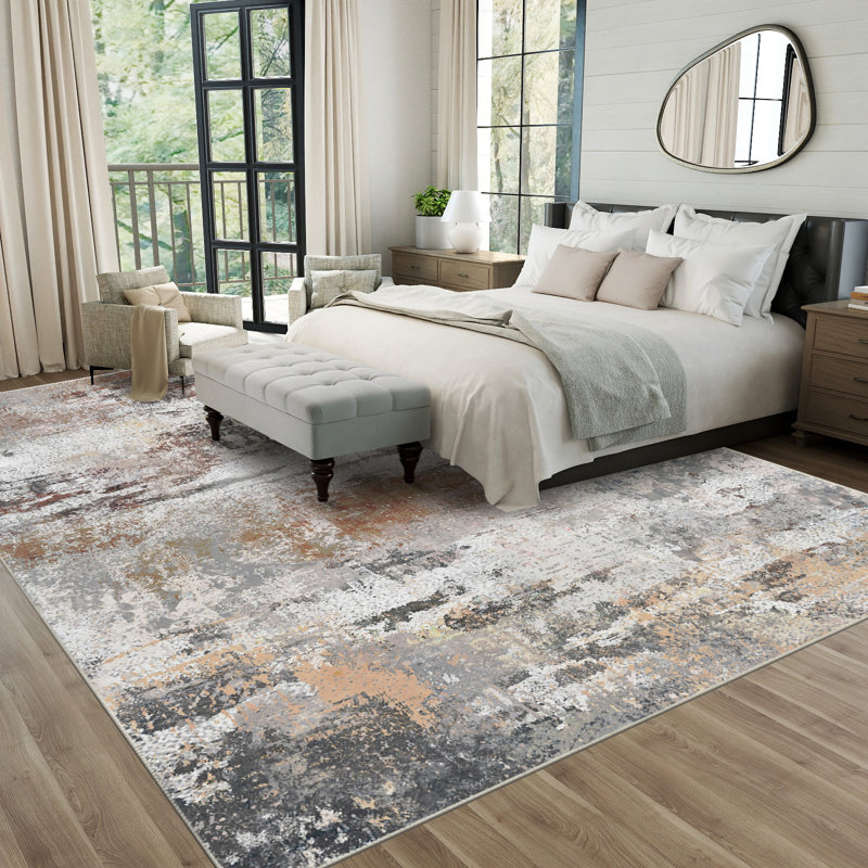 Machine-washable, foldable, ultra-soft short-pile printed rug Modern abstract oil painting design in brown-red tones Suitable for living rooms, bedrooms, studies, and hotels Indoor carpet