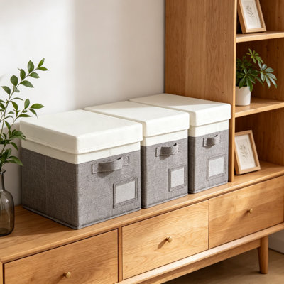 Bacs de rangement pliables avec couvercles, lot de 3 organisateurs de placard décoratifs pour tablettes, boîtes de rangement pliantes en tissu pour vêtements, serviettes, livres et fournitures de bureau, gris et ivoire
