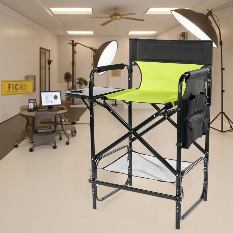 26In Olive Iron Pipe Folding Director Chair With Built-In Cup Holder, Side Table, Storage Pocket, Yellow