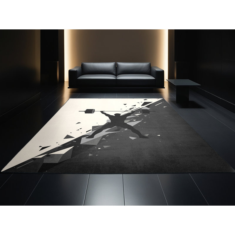 Machine Washable Marvale Weightlifting Clean Jerk Modern & Contemporary Geometric Rug in Black – Black Binding, 7x10