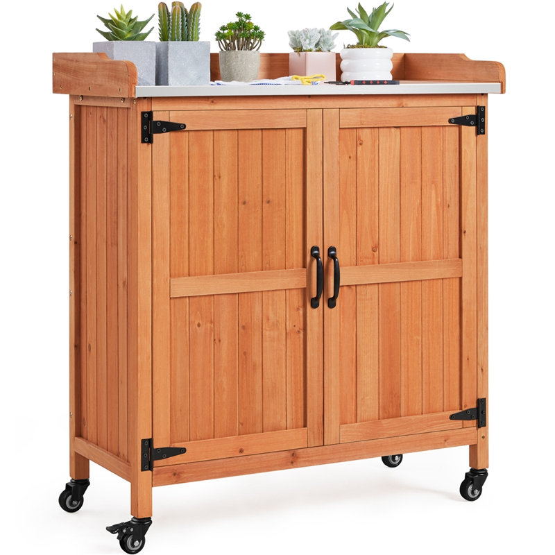 40? H Garden Potting Bench Table with Lockable Castors, Brown