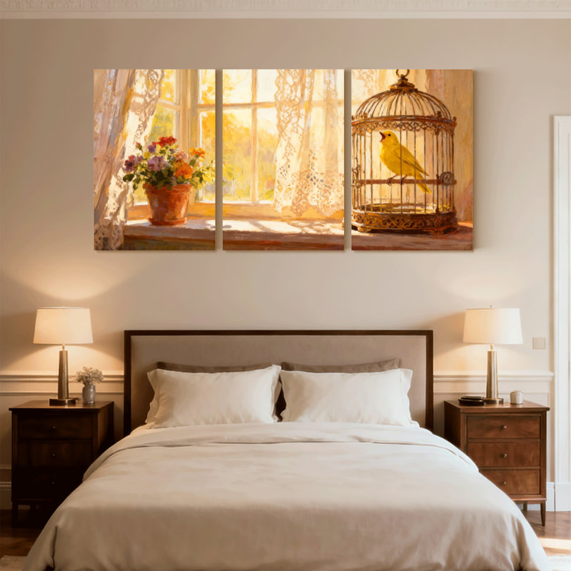 Birds Sunlit Window Birdcage Flowers, H 30 po x l 60 po