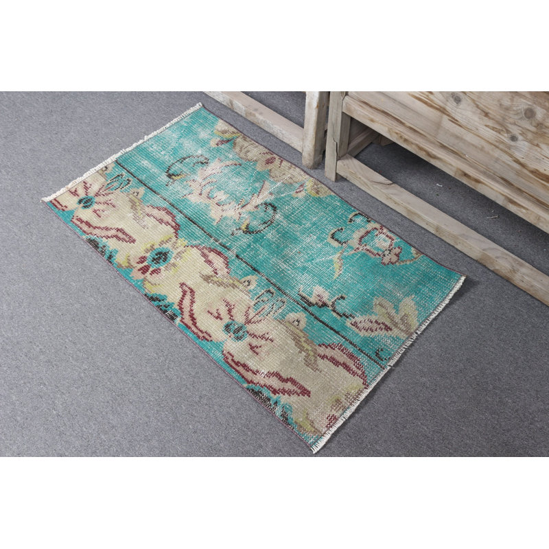 Handcrafted Teal And Beige Floral Design Turkish Door Mat Ideal For Unique Small Accent Carpet And Colorful Entryway Decor
