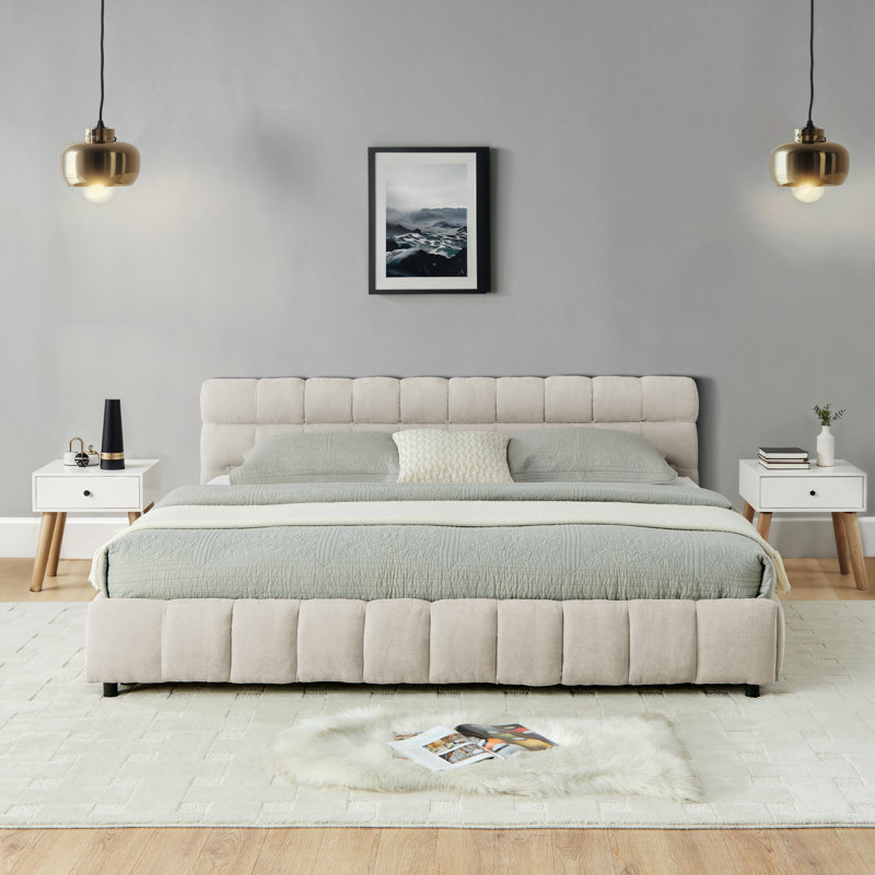 California King Size Upholstered Bed ,Comfortable Upholstered Bed Frame, Chenille Fabric, With Headboard And Solid Bed Frame.
