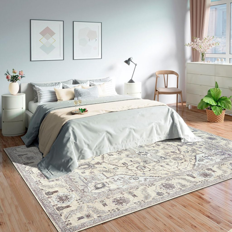 GLN Rugs Traditional Collection - Machine Washable Area Rug, Bohemian Vintage Washable Rug, Non Slip Area Rug, Low Pile Chenille Living Room Rug, Bedroom Rug, Bathroom Rug (Beige and Gray Rug)