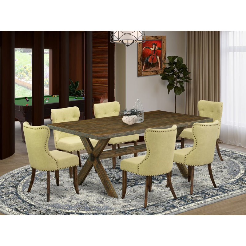 Ensemble de salle à manger moderne 7 pièces comprenant une table rectangulaire en bois avec pattes en X et 6 chaises rembourrées en lin Limelight multicolore.