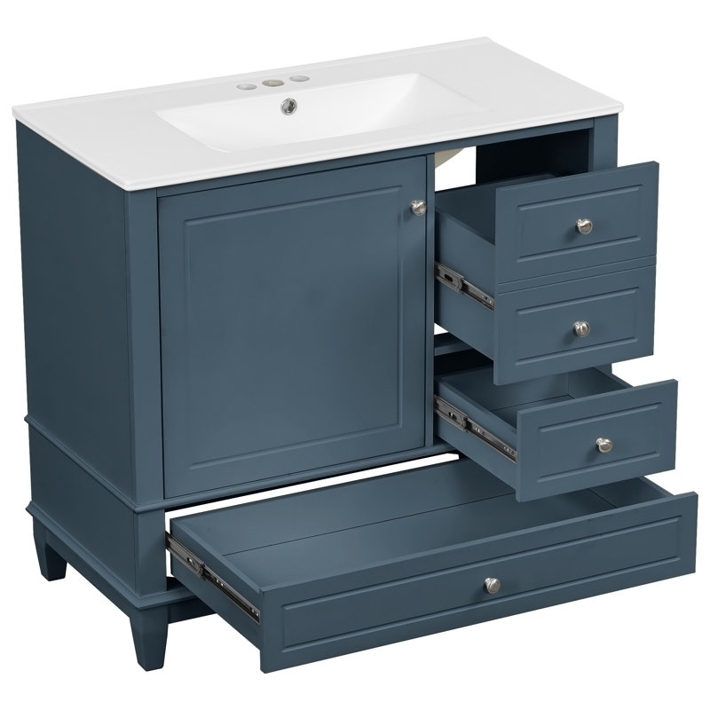 Meuble-lavabo sur pied 36 po, finition gris-bleu, lavabo en céramique, panneau de fibres à densité moyenne et base en bois massif, 3 tiroirs, armoire avec tablettes | Idée cadeau