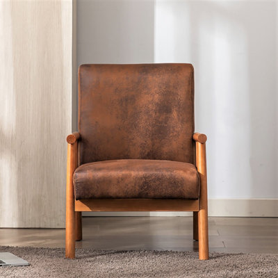 Fauteuil de style Mid-Century moderne de 25 po de largeur, fauteuil d'appoint à cadre en bois massif brun foncé avec siège rembourré épais et revêtement en microfibre, accoudoirs confortables pour la lecture dans le salon